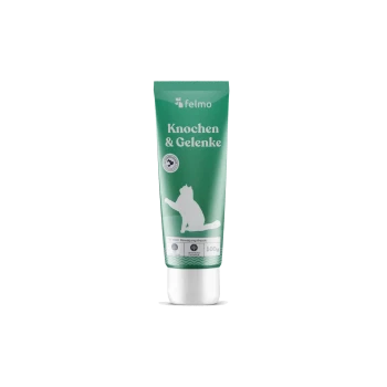 Grüne Tube 'Knochen & Gelenke' von Felmo mit weißer Katzensilhouette und der Angabe '100 g'.