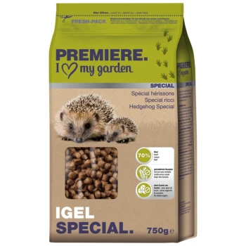 A bag of hedgehog food labeled "Premiere. I ♥ my garden" with images of two hedgehogs, featuring a 70% meat content claim and a 750g weight.