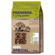 Un sac de nourriture pour hérissons étiqueté "Premiere. I ♥ my garden" avec des images de deux hérissons, comportant une revendication de 70% de viande et un poids de 750g.