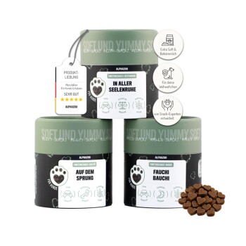 Drei Gläser mit Haustiersnacks, beschriftet mit "In aller Seelenruhe," "Auf dem Sprung," und "Fauchi Bauchi," mit herzförmigen Leckereien daneben.