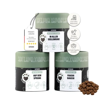 Drei Gläser mit Haustiersnacks, beschriftet mit "In aller Seelenruhe," "Auf dem Sprung," und "Fauchi Bauchi," mit herzförmigen Leckereien daneben.