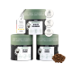 Drei Gläser mit Haustiersnacks, beschriftet mit "In aller Seelenruhe," "Auf dem Sprung," und "Fauchi Bauchi," mit herzförmigen Leckereien daneben.