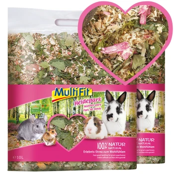 MultiFit Heidepark Haustierbettungsbeutel mit bunten Naturmaterialien, mit Bildern eines Chinchillas, Hamsters und Kaninchen, beschriftet mit "100% NATUR."