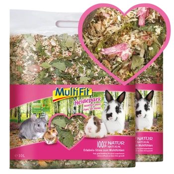 Sac de literie pour animaux MultiFit Heidepark avec des matériaux naturels colorés, avec des images d'un chinchilla, d'un hamster et de lapins, étiqueté "100% NATUR."