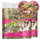 MultiFit Heidepark Haustierbettungsbeutel mit bunten Naturmaterialien, mit Bildern eines Chinchillas, Hamsters und Kaninchen, beschriftet mit "100% NATUR."