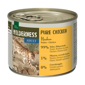 Dosen Katzenfutter mit der Aufschrift "Wilderness Pure Chicken" für Erwachsene, mit einem Hühneranteil von 99%, und einem Foto einer Serval-Katze.