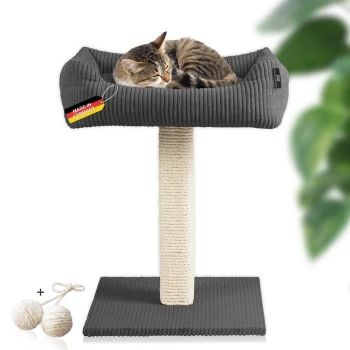 ® Katzenbaum Wolly mit kuscheligem Katzenbett, waschbarer Kissenbezug Ein gemütliches graues Katzenbett auf einem Kratzbaum, mit einer getigerten Katze, die darin schläft. Ein Etikett besagt "MADE IN GERMANY." Zwei Spielbälle sind enthalten.