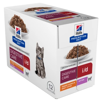 Hill's Prescription Diet Digestive Care i/d Kitten Nassfutter, zarte Stückchen in Soße Huhn, 12 Beutel, mit Kätzchenbild.