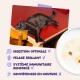 Chat noir endormi sur une table rouge ; le texte en français énumère trois avantages cochés et « COMPÉTENCES EN COUTURE » barré.