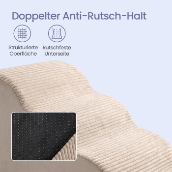 Beige gerippte Haustierabdeckung mit Einblendung der schwarz gepunkteten rutschfesten Unterseite; deutscher Text ‚Doppelter Anti-Rutsch-Halt‘.