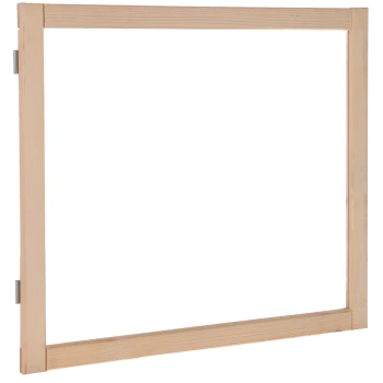 Holzrahmen für Haustiergitter mit Metallscharnieren, rechteckig und in hellem Naturholzfinish.