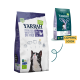 Sac de nourriture pour chat Yarrah Bio Sterilised sans blé avec un chat noir et blanc sur le devant, avec 35 % de protéines et 11 % de matières grasses. Étiquette "Bientôt disponible" visible.