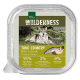 Verpackung für Nassfutter mit einem Wolf, beschriftet "WILDERNESS SENIOR," mit 95% Huhn und Lachs, 5% Früchte und Gemüse, ohne Getreide.