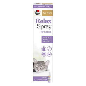 Doppelherz Relax Spray für Katzen Verpackung mit den Texten 'für Katzen', 'Für mehr Wohlbefinden', '90 ml Umgebungsspray' und einer schlafenden Katze.
