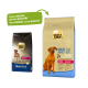 Zwei Beutel Select Gold Hundefutter: links beschriftet mit "Sensitive Maxi Adult" 25 kg; rechts "Maxi Adult" mit Hundillustration und "Mit Pferd & Tapioka."