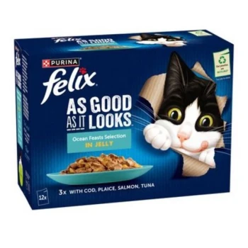 Purina Felix cat food box with a playful black and white cat peeking through a hole, labeled "As Good As It Looks."