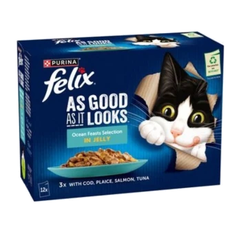 Purina Felix cat food box with a playful black and white cat peeking through a hole, labeled "As Good As It Looks."