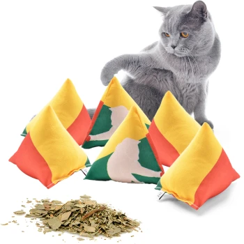 Eine verspielte graue Katze interagiert mit bunten, mit Katzenminze gefüllten Pyramidentoys in Gelb und Rot, mit getrockneter Katzenminze, die in der Nähe verstreut ist.