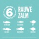 Turquoise achtergrond met 'EERSTE 6 INGREDIËNTEN' en 'RAUWE ZALM', met silhouetten van zes vissen.