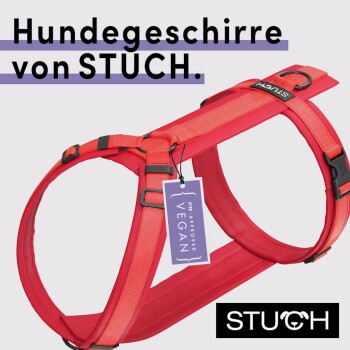 Rotes Hundegeschirr von STUCH, mit einem 'Vegan Approved'-Schild, mit fettem Text, der besagt: 'Hundegeschirre von STUCH.'