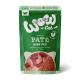 Premium saszetka z karmą dla kotów z zielonym opakowaniem, oznaczona "WOW-Cat" i "PATÉ HUHN PUR", z obrazkami kawałków kurczaka i informacjami o wartościach odżywczych.