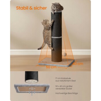 Zwei Katzen auf einem hohen Sisal-Kratzbaum mit 50×40 cm Sockel; oranger Text 'Stabil & sicher' und deutsche Produktangaben sichtbar.