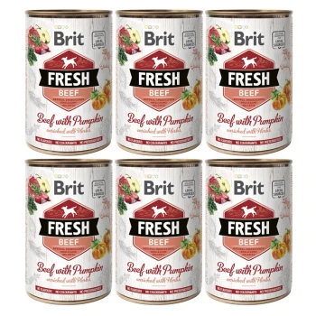Sześć puszek karmy dla psów Brit Fresh Beef, oznaczonych "Wołowina z Dynią, wzbogacona ziołami", z naturalnymi składnikami i bez konserwantów.
