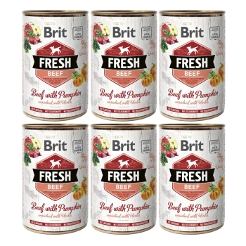 Sechs Dosen Brit Fresh Beef Hundefutter, gekennzeichnet mit "Rindfleisch mit Kürbis, angereichert mit Kräutern", mit natürlichen Zutaten und ohne Konservierungsstoffe.