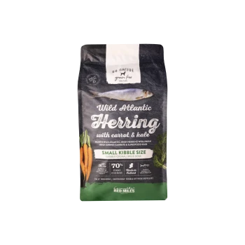 Bag of Go Native grain free dog food with Wild Atlantic Herring, carrot, kale, small kibble size, 70% meat content, made in Ireland.