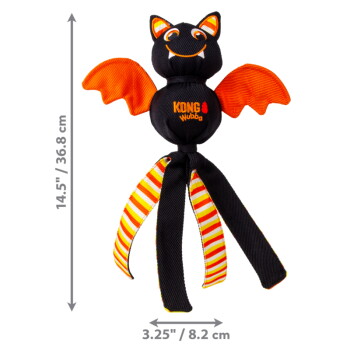 Black and orange KONG Wubba bat dog toy with wings and striped legs, shows "KONG wubba" logo and measurements 14.5"/36.8 cm, 3.25"/8.2 cm