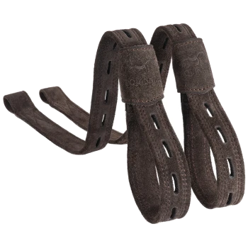 Braune Wildleder-Hundegeschirrriemen mit verstellbaren Löchern und einem Logo, entworfen für Komfort und Sicherheit.