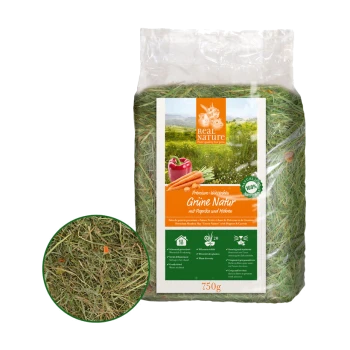 Premium-Heu für Haustiere, beschriftet mit "Grüne Natur" mit Karotten und Paprika, in einer 750g-Tüte. Mit einem grünen und orangefarbenen Design.