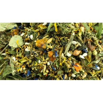 Eine bunte Mischung aus getrockneten Kräutern, Samen und Blumen, mit grünen Blättern, orangefarbenen Stücken und blauen Blütenblättern, ideal für die Ernährung von Haustieren.