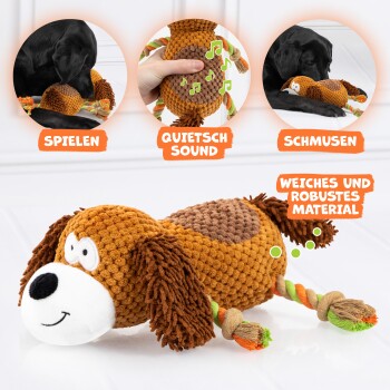 Ein lächelndes Plüschhundespielzeug mit Quietscher, weichem, strapazierfähigem Material und Text: "SPIELEN," "QUIETSCH SOUND," "SCHMUSEN," "WEICHES UND ROBUSTES MATERIAL."