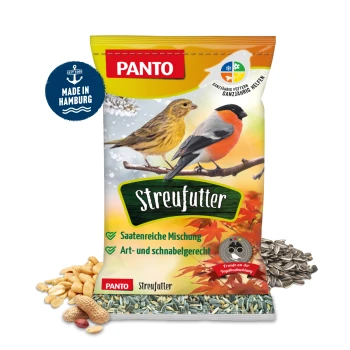 PANTO Vogelfutterbeutel mit zwei Vögeln auf einem Ast, beschriftet mit "Streufutter" und Text, der eine samenreiche Mischung für verschiedene Vogelarten anzeigt.