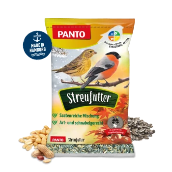 PANTO Vogelfutterbeutel mit zwei Vögeln auf einem Ast, beschriftet mit "Streufutter" und Text, der eine samenreiche Mischung für verschiedene Vogelarten anzeigt.