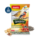 PANTO Vogelfutterbeutel mit zwei Vögeln auf einem Ast, beschriftet mit "Streufutter" und Text, der eine samenreiche Mischung für verschiedene Vogelarten anzeigt.