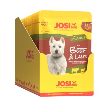 JosiDog Mini Adult Hundefutter mit Rind & Lamm in Sauce, 84 % Fleisch & tierische Nebenerzeugnisse, Verpackung in Premiumqualität.