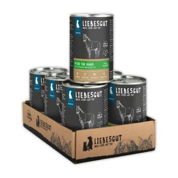Sechserpack Liebesgut Dosenfutter (Pferd für Hunde) in Tray, schwarze Etiketten mit Pferde-Illustration.