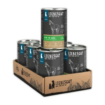 Sechserpack Liebesgut Dosenfutter (Pferd für Hunde) in Tray, schwarze Etiketten mit Pferde-Illustration.