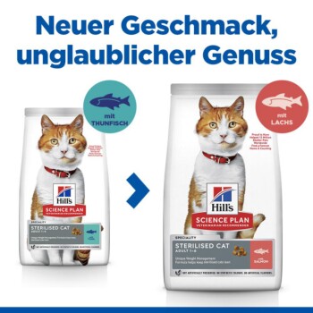 Zwei Tüten Hill's Science Plan Katzenfutter: eine mit Thunfisch, eine mit Lachs, jeweils mit einer Katze und Text, der die Vorteile des Gewichtsmanagements hervorhebt.
