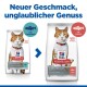 Zwei Tüten Hill's Science Plan Katzenfutter: eine mit Thunfisch, eine mit Lachs, jeweils mit einer Katze und Text, der die Vorteile des Gewichtsmanagements hervorhebt.