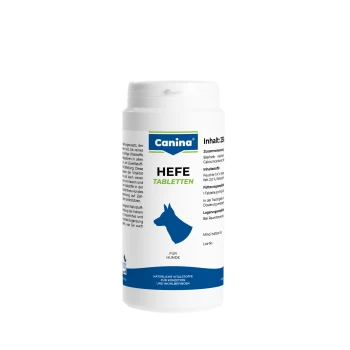 Weiße Canina Hefe-Tabletten-Flasche mit blauem Hundesymbol; Etikett zeigt „Canina“, „HEFE TABLETTEN“ und „Für Hunde“