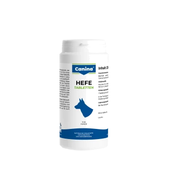 Weiße Canina Hefe-Tabletten-Flasche mit blauem Hundesymbol; Etikett zeigt „Canina“, „HEFE TABLETTEN“ und „Für Hunde“