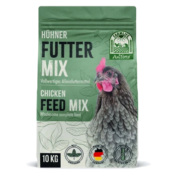 Ein Beutel Hühnerfuttermischung mit einer Nahaufnahme einer Henne, mit der Aufschrift "Hühner Futter Mix" und "Chicken Feed Mix", mit einem Gewicht von 10 kg.