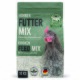 Ein Beutel Hühnerfuttermischung mit einer Nahaufnahme einer Henne, mit der Aufschrift "Hühner Futter Mix" und "Chicken Feed Mix", mit einem Gewicht von 10 kg.