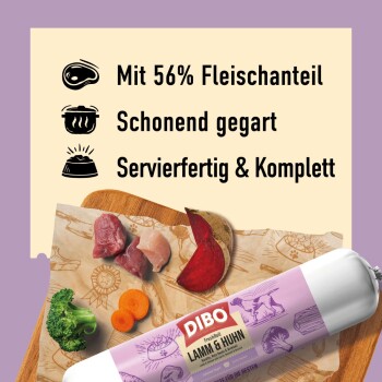 DIBO FreshRoll Lamm & Huhn Haustierfutter mit 56 % Fleisch, schonend gegart, servierfertig, mit Bildern von Fleisch, Gemüse und Verpackung.