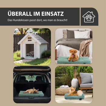 Collage eines Hundebettes in einem Hundehäuschen, Schlafzimmer, Kofferraum und auf der Terrasse. Text: "ÜBERALL IM EINSATZ" und "Das Hundekissen passt dort, wo man es braucht!"