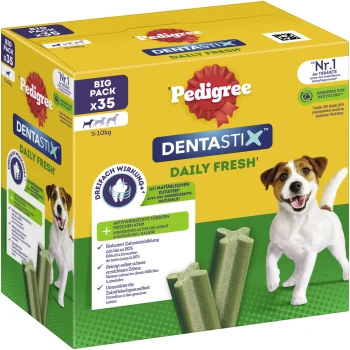 Friandises pour chiens Pedigree Dentastix Daily Fresh, grand paquet de 35, conçues pour les chiens de 5 à 10 kg, favorisant une haleine fraîche et la santé dentaire.