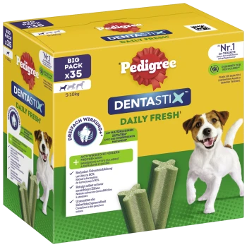 Pedigree Dentastix Daily Fresh Hundeleckerlis, große Packung mit 35 Stück, für Hunde von 5-10 kg, fördert frischen Atem und Zahngesundheit.